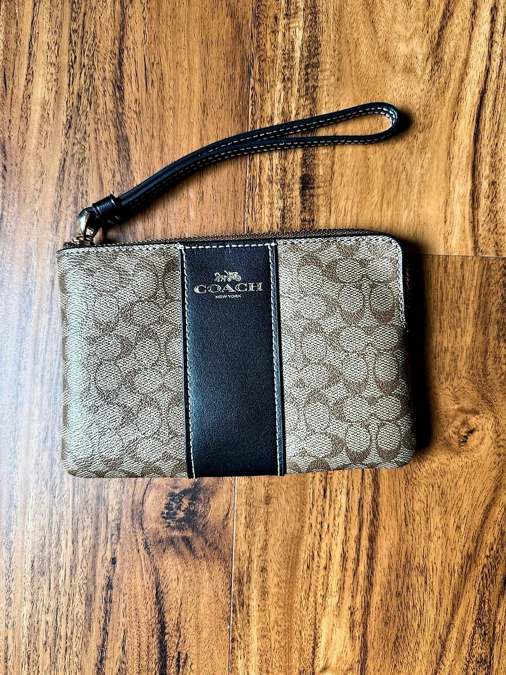 Coach Signature Canvas Zip Around Wristlet with Center Stripe
